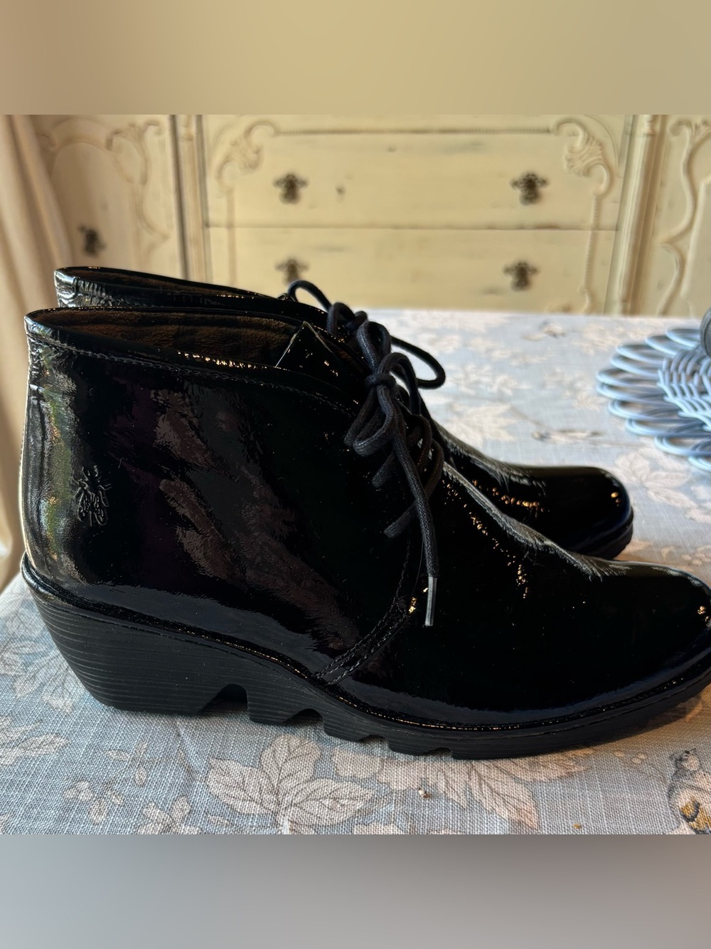 Fly London Black Patent Leather Lace-Up Ankle Boots